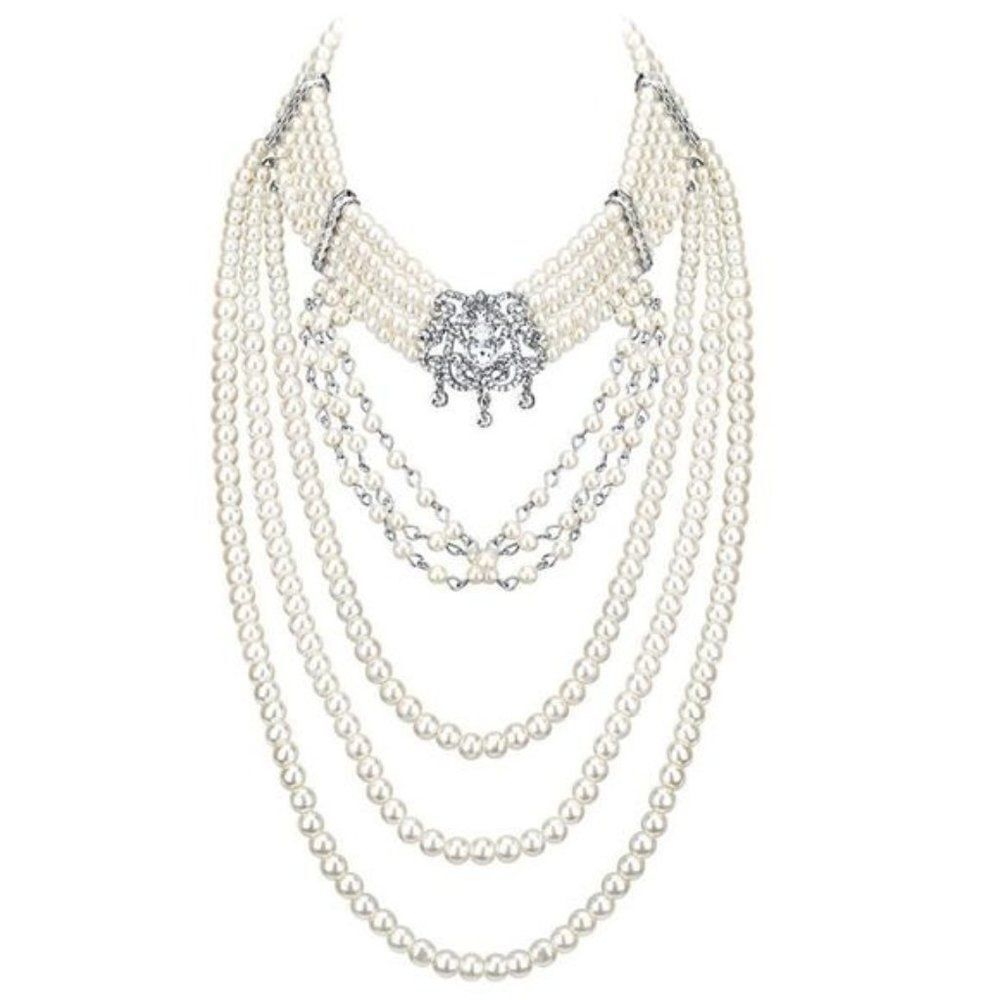 Silver with Crystal and Faux Pearl Vintage Victorian Style Bib Collar Necklace